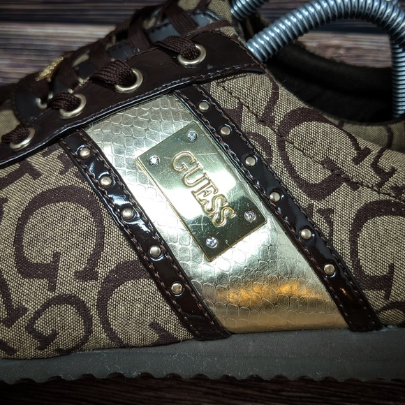 GUESS Signature Shoes Sneakers Brown Gold sz 8 - Picture 2 of 8